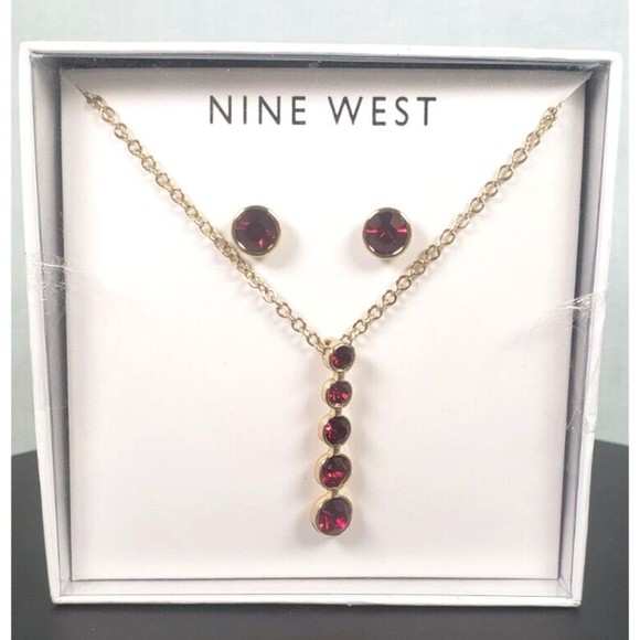 Nine West Jewelry Dark Red/Garnet Rhinestone Necklace and Earrings Set - Picture 2 of 7